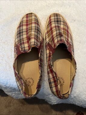 Polo by Ralph Lauren Plaid Slip-On Shoes in Red and Tan